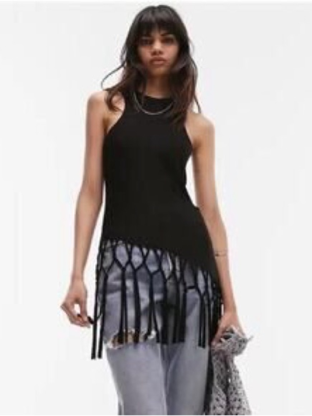 Topshop Black Sleeveless Fringe Hem Tank Top